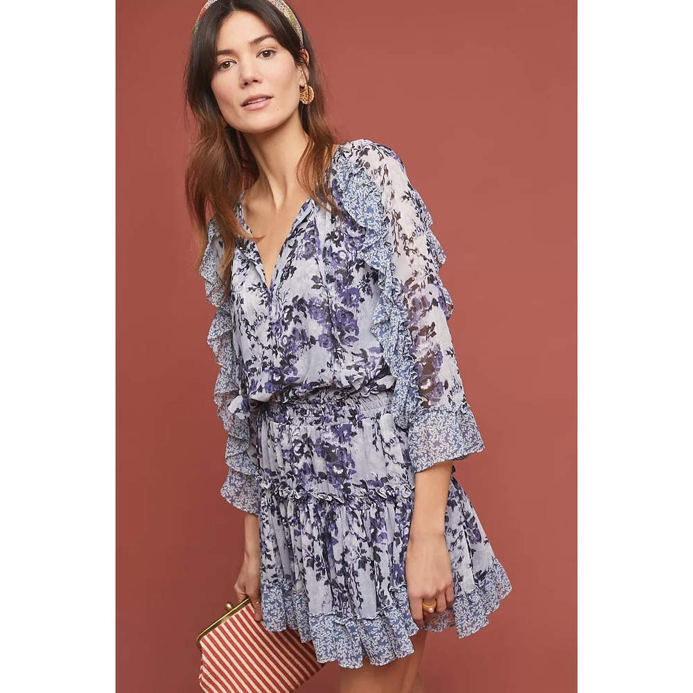 MISA Los Angeles Blue Floral Ruffle Mini Dress Long Sleeve V-Neck Size S USA